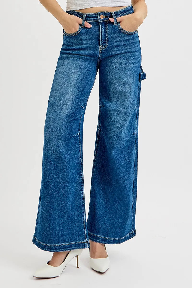 RISEN Full Size High Rise Wide Leg Patch Detailed Jeans Plus Size | Jeans Daverri Fashions