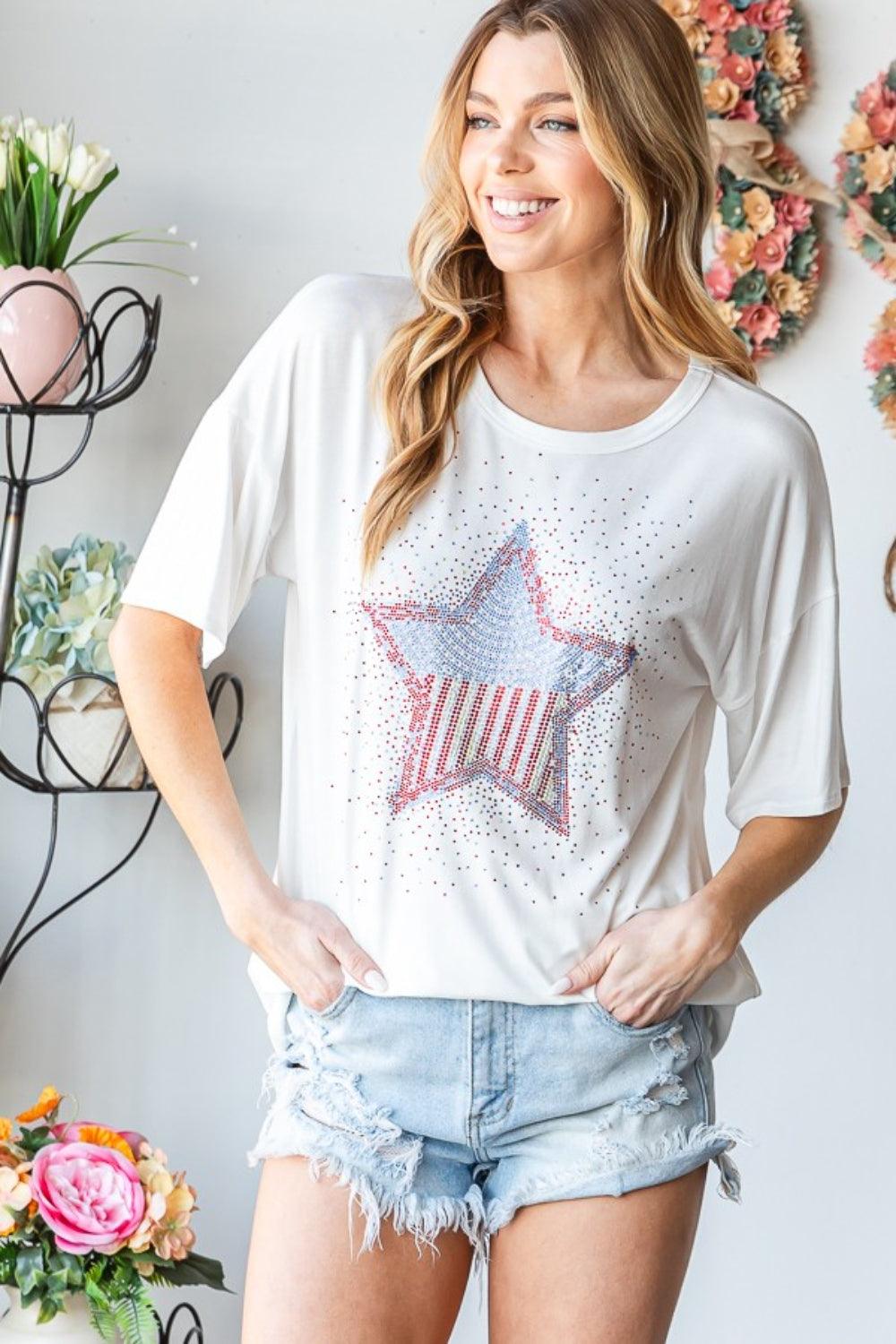 Heimish Plus Size Star Patch Short Sleeve T-Shirt 3XL Ivory 3XL T-Shirts