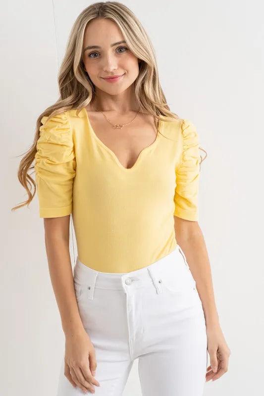 And The Why Shirring Puff Sleeve Bodysuit | Bodysuits Daverri Fashions
