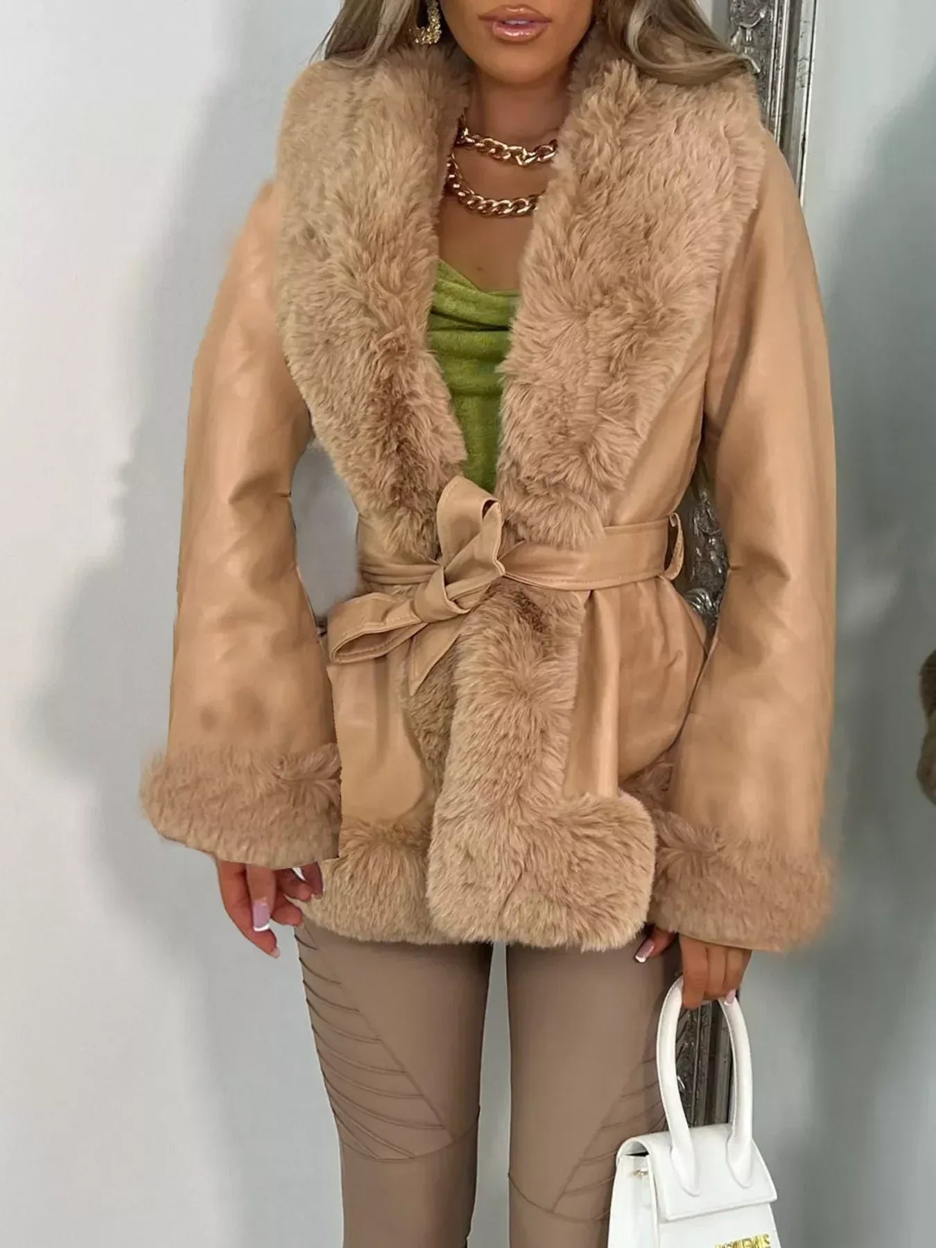 Faux Fur Trimmed Belted Coat - DAVERRI FASHIONS