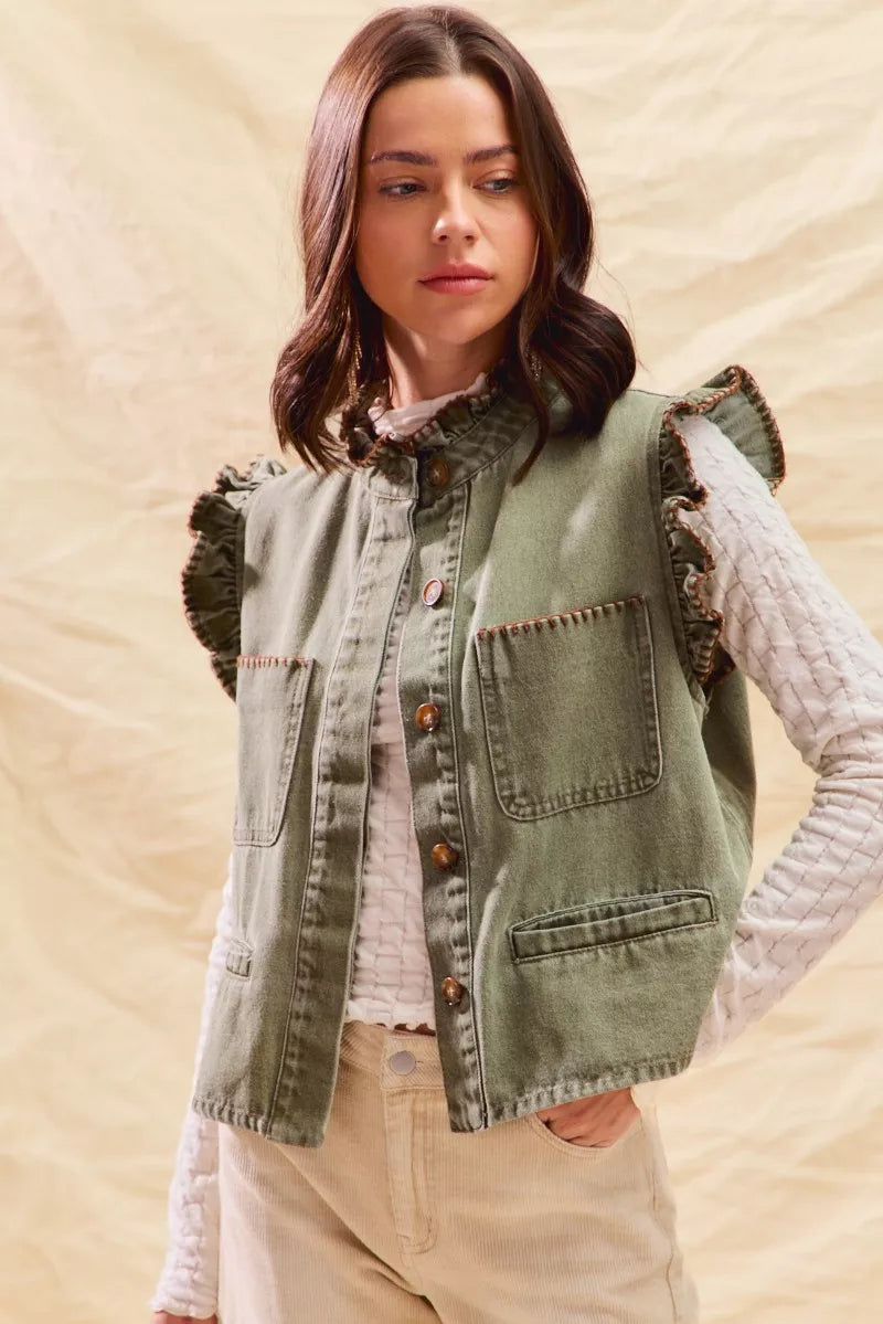 SO ME Washed Denim Stitch Ruffled Hidden Button Vest Top | Daverri Fashions