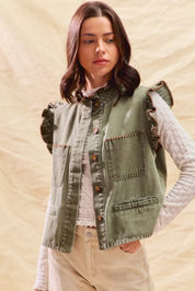 SO ME Washed Denim Stitch Ruffled Hidden Button Vest Top | Daverri Fashions