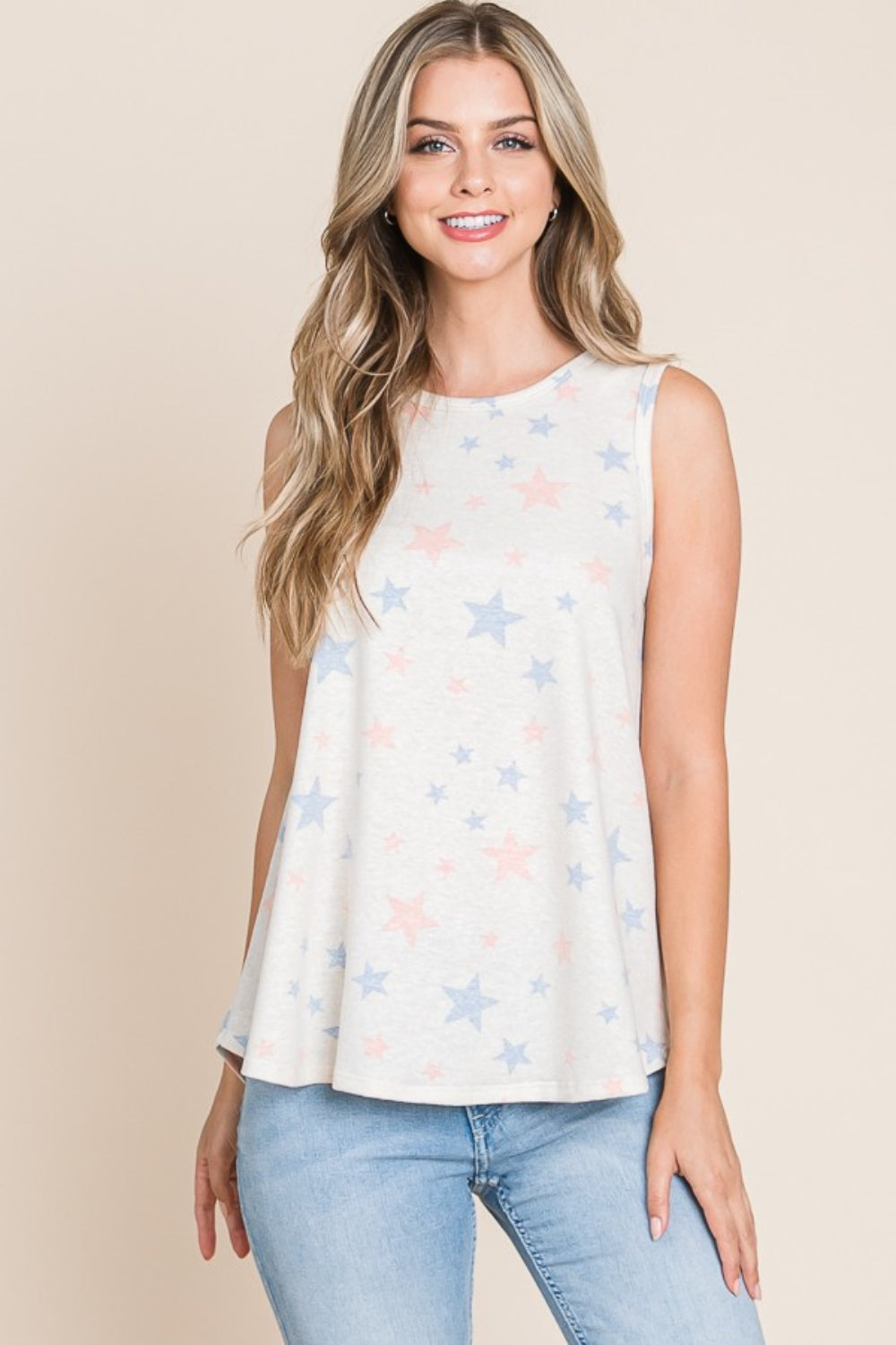 BOMBOM Star Print Round Neck Tank Beige