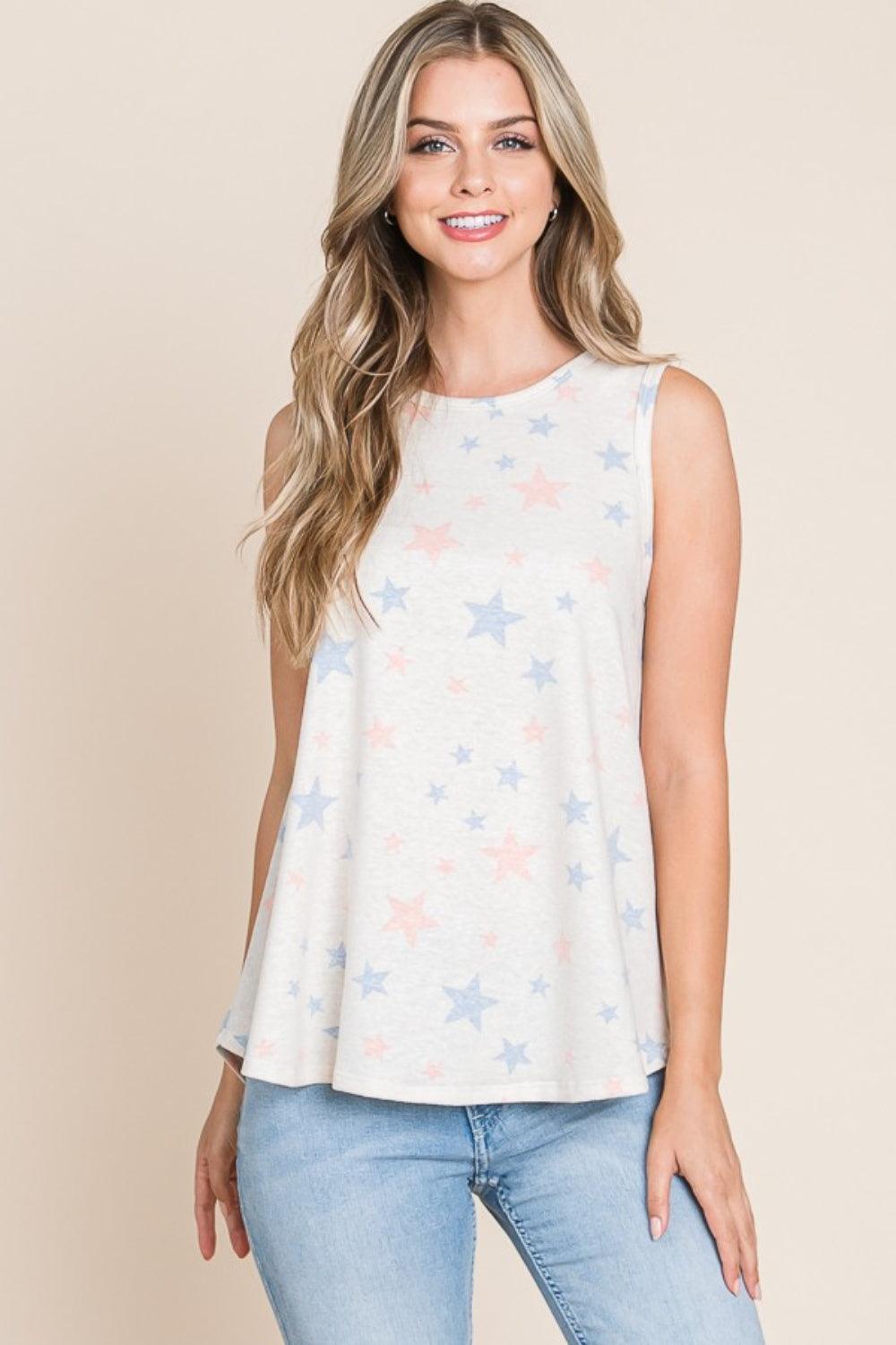 BOMBOM Star Print Round Neck Tank Beige Tank Tops
