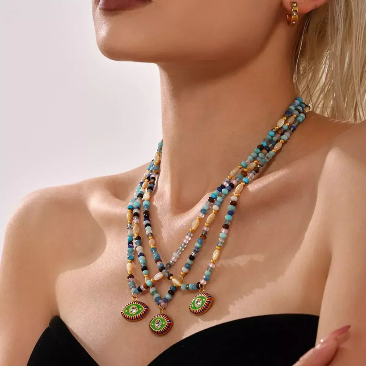 Zircon Bead Evil Eye Pendant Necklace - DAVERRI FASHIONS