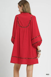 Umgee Textured Babydoll Dress with Leopard Trim | Daverri Fashions