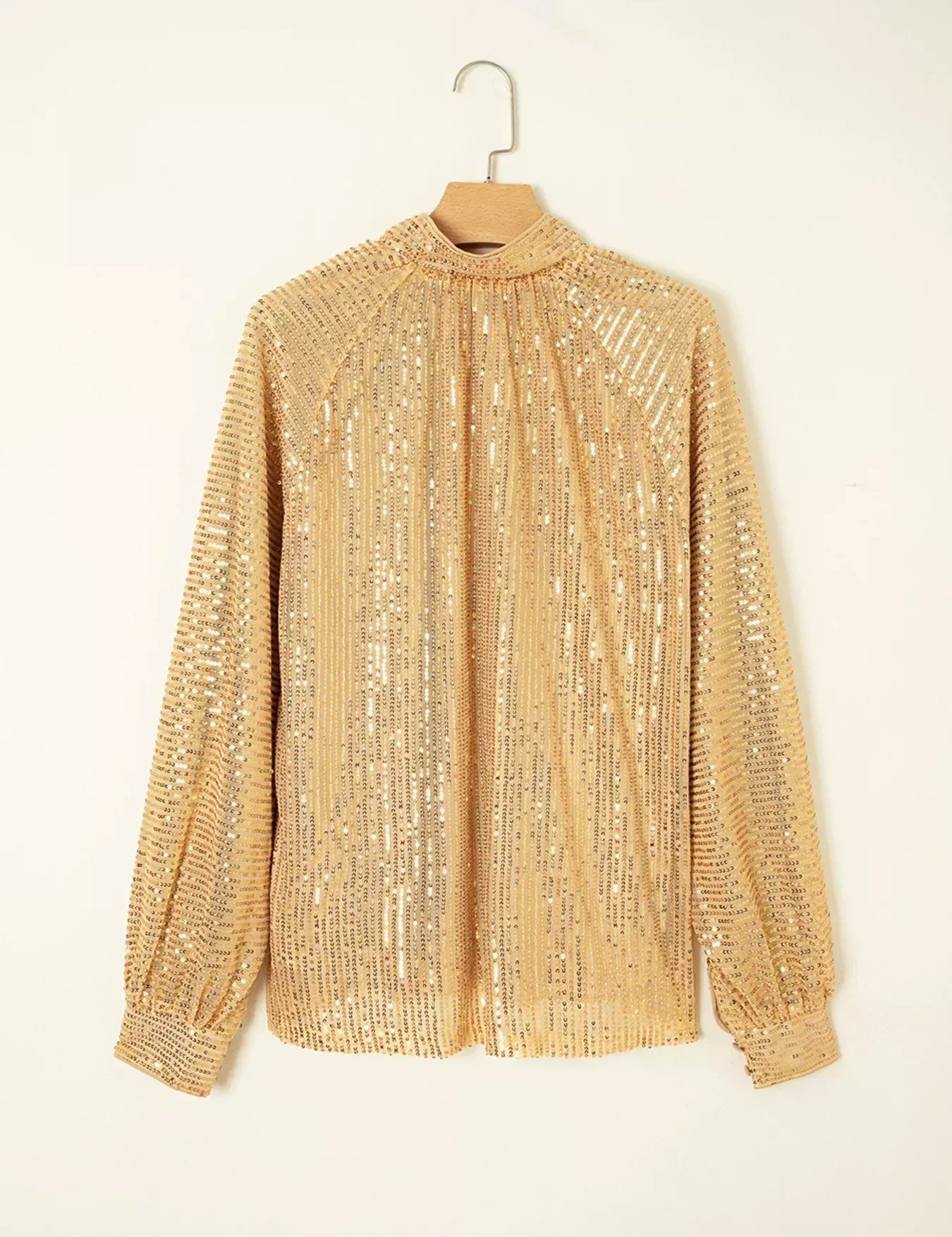 Metallic Balloon Sleeve Buttoned High Neck Loose Blouse - DAVERRI FASHIONS