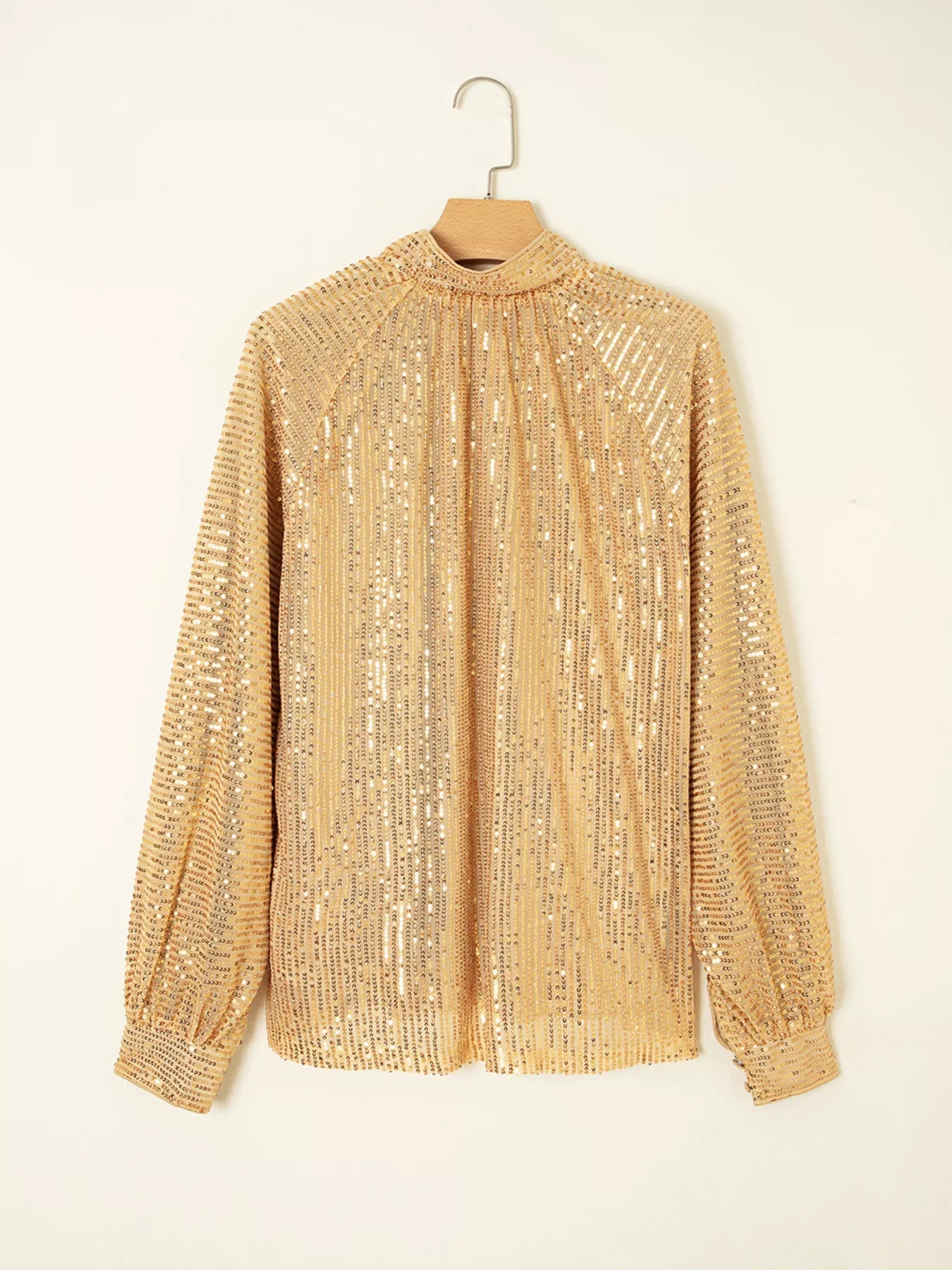 Gold sequined metallic balloon sleeve high neck blouse