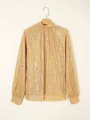 Gold sequined metallic balloon sleeve high neck blouse