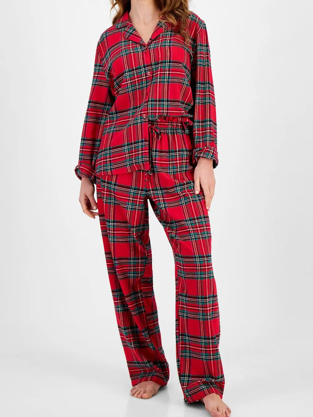 Deep Red Plaid Collared Neck Button Up Top and Pants Lounge Set | Loungewear Sets Daverri Fashions