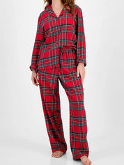 Deep Red Plaid Collared Neck Button Up Top and Pants Lounge Set | Loungewear Sets Daverri Fashions