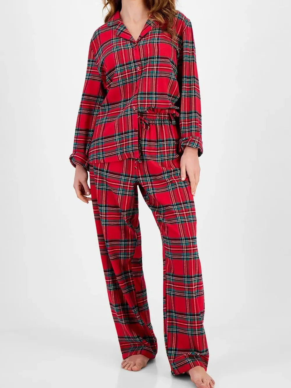 Plaid Collared Neck Button Up Top and Pants Lounge Set - DAVERRI FASHIONS