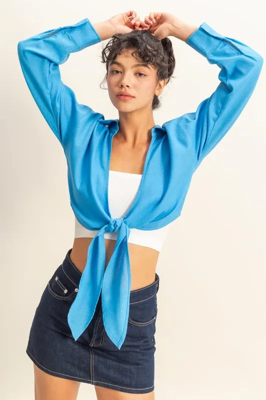 HYFVE Washed Tie Front Crop Top BLUE