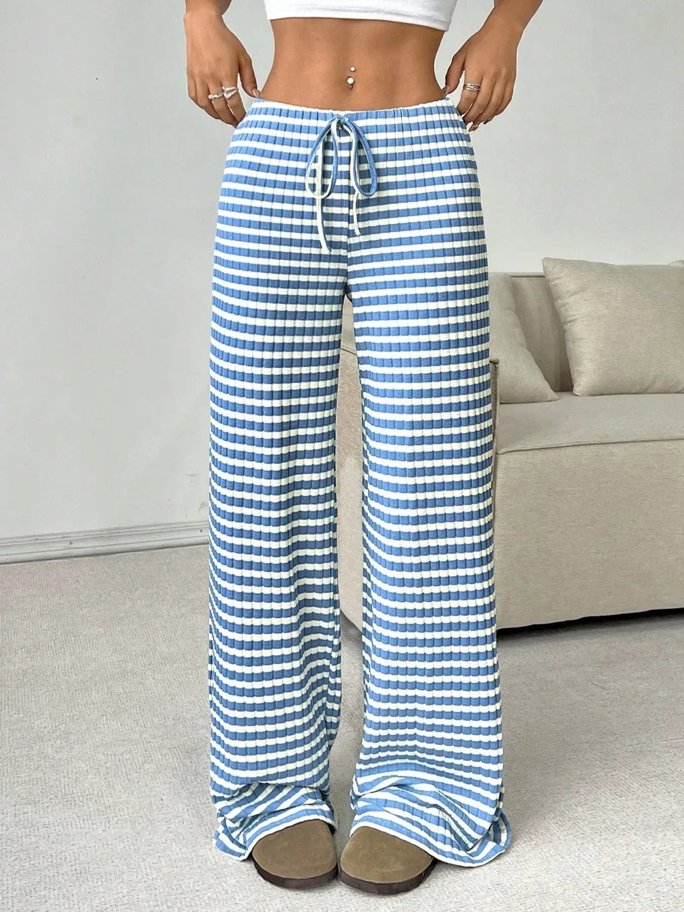 Striped Wide Leg Drawstring Pants - DAVERRI FASHIONS