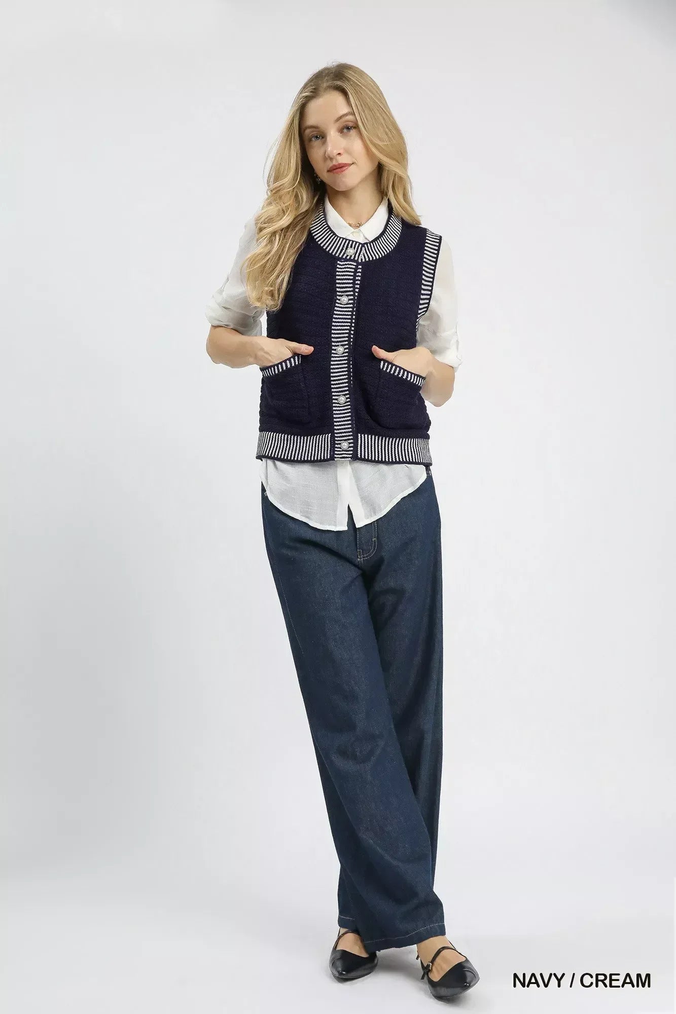 Umgee Contrast Striped Trim Button-Down Sweater Vest - DAVERRI FASHIONS