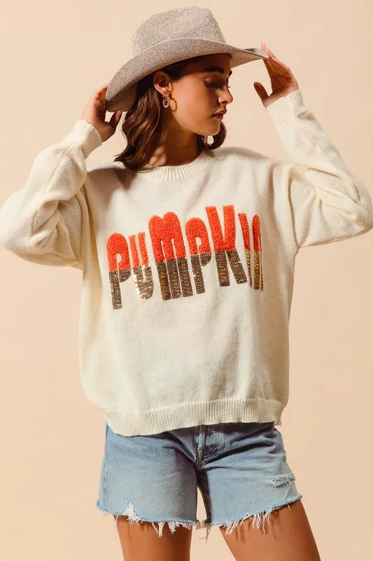 SO ME Contrast Sequin Pumpkin Slogan Sweater Top Sweaters