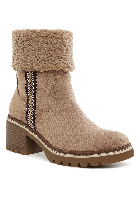 Beige Woolly Faux Fur & Embroidery Detail Boots | Boots Daverri Fashions
