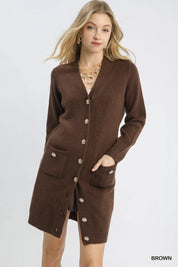 Brown Umgee Button-Down Longline Sweater Cardigan with Front Pockets | Cardigans Daverri Fashions