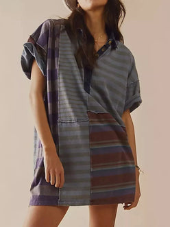 Striped Oversized Half Button Shirt Dress - DAVERRI FASHIONS