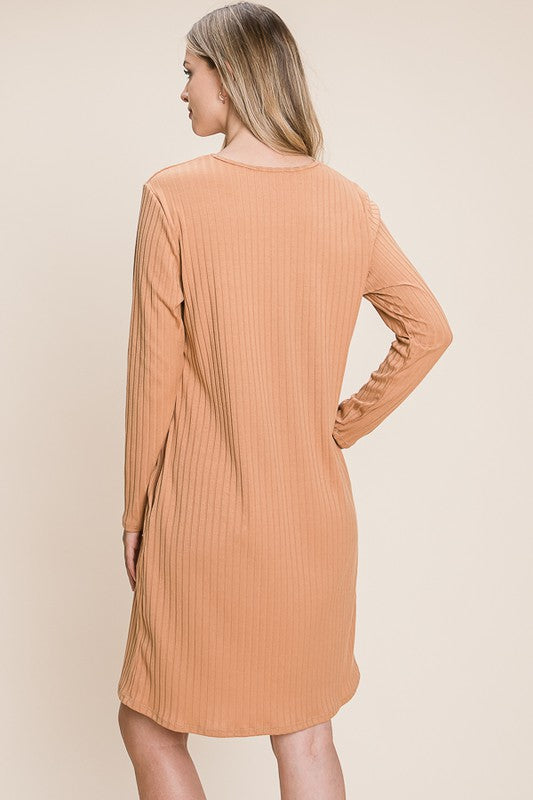 BOMBOM Round Neck Long Sleeve Ribbed Knit Dress