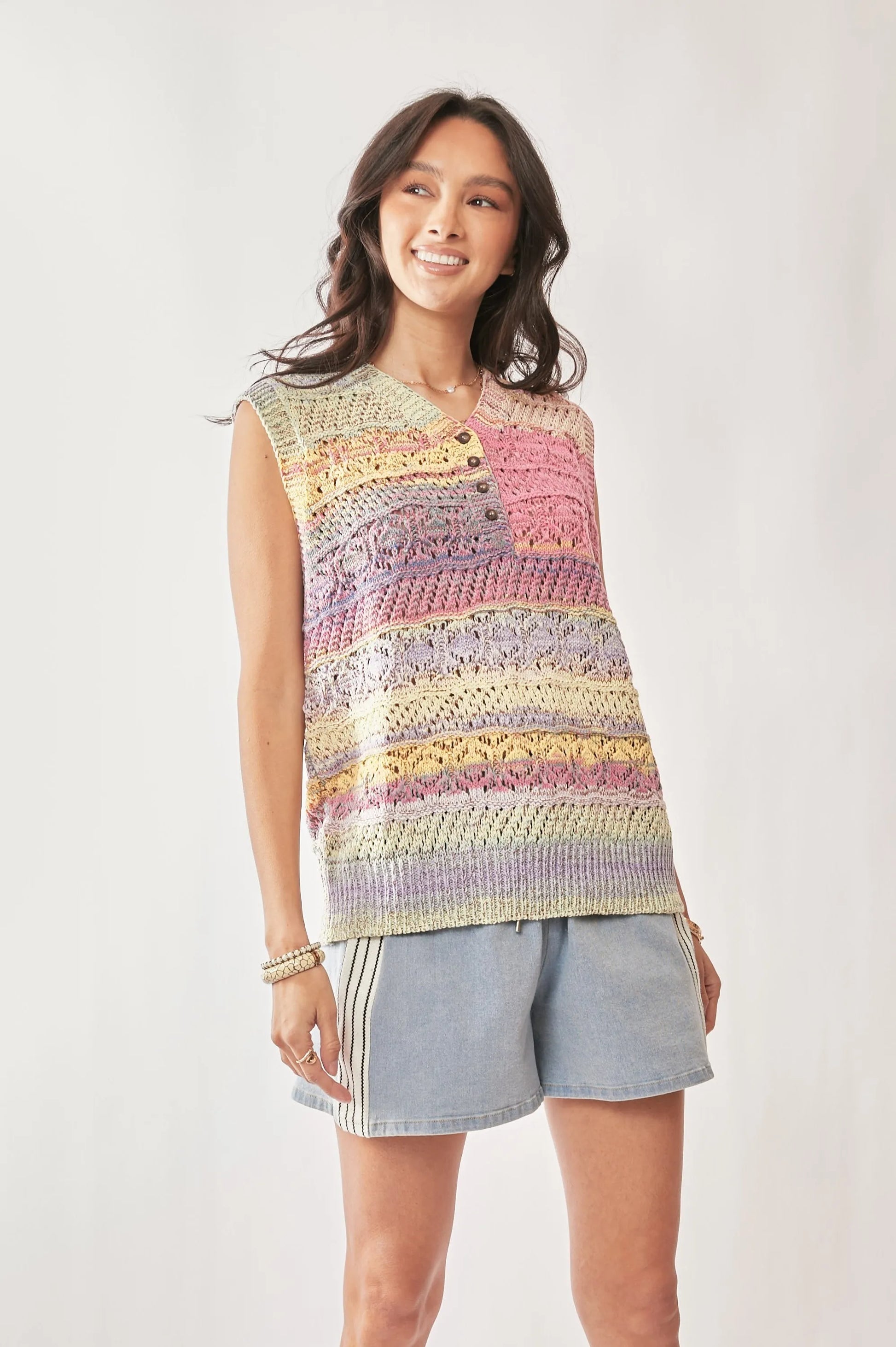 Pastel rainbow striped Davi & Dani crochet sleeveless knit vest top