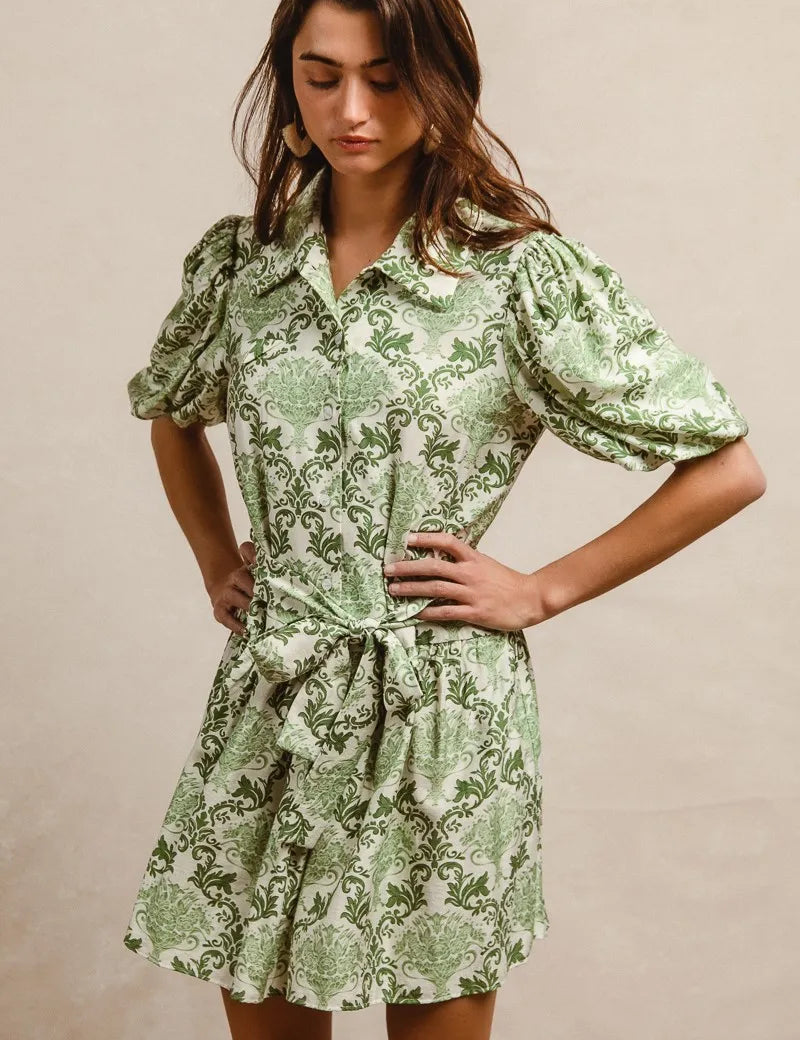 GREEN CREAM BiBi Tied Floral Short Sleeve Mini Shirt Dress | Mini Dresses Daverri Fashions