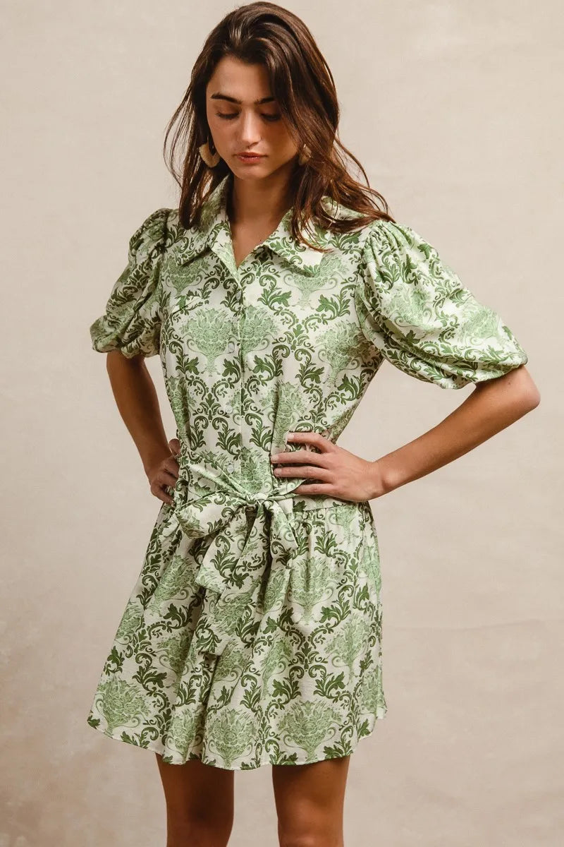 GREEN CREAM BiBi Tied Floral Short Sleeve Mini Shirt Dress | Mini Dresses Daverri Fashions