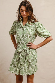 GREEN CREAM BiBi Tied Floral Short Sleeve Mini Shirt Dress | Mini Dresses Daverri Fashions