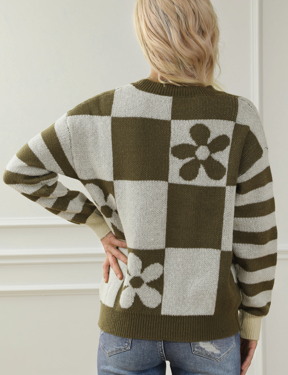 Checkered Floral Print Striped Sleeve Sweater | Sweaters Daverri Fashions