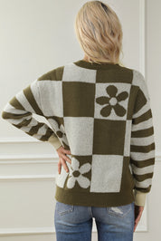 Checkered Floral Print Striped Sleeve Sweater | Sweaters Daverri Fashions