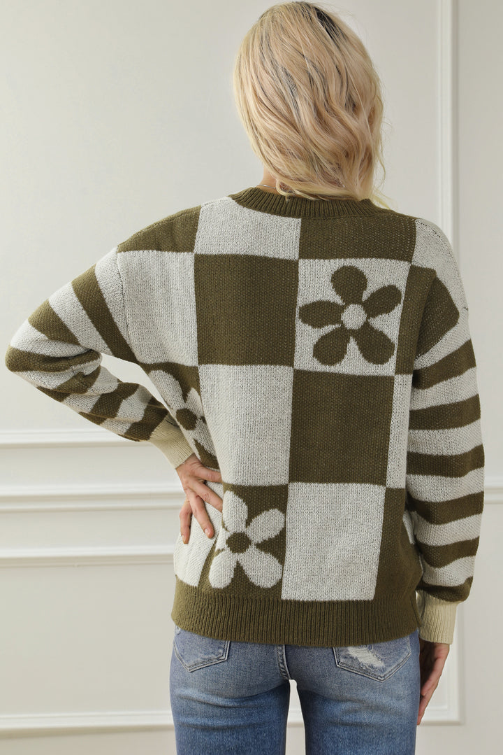 Checkered Floral Print Striped Sleeve Sweater | Sweaters Daverri Fashions
