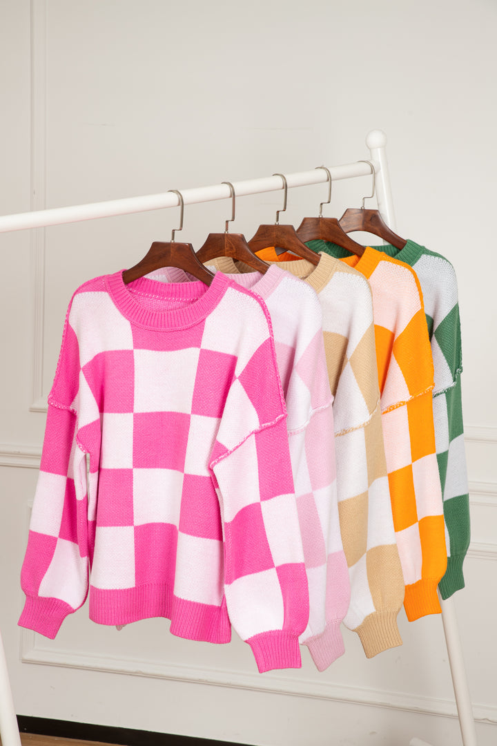 Checkered Bishop Sleeve Sweater | Sweaters Daverri Fashions