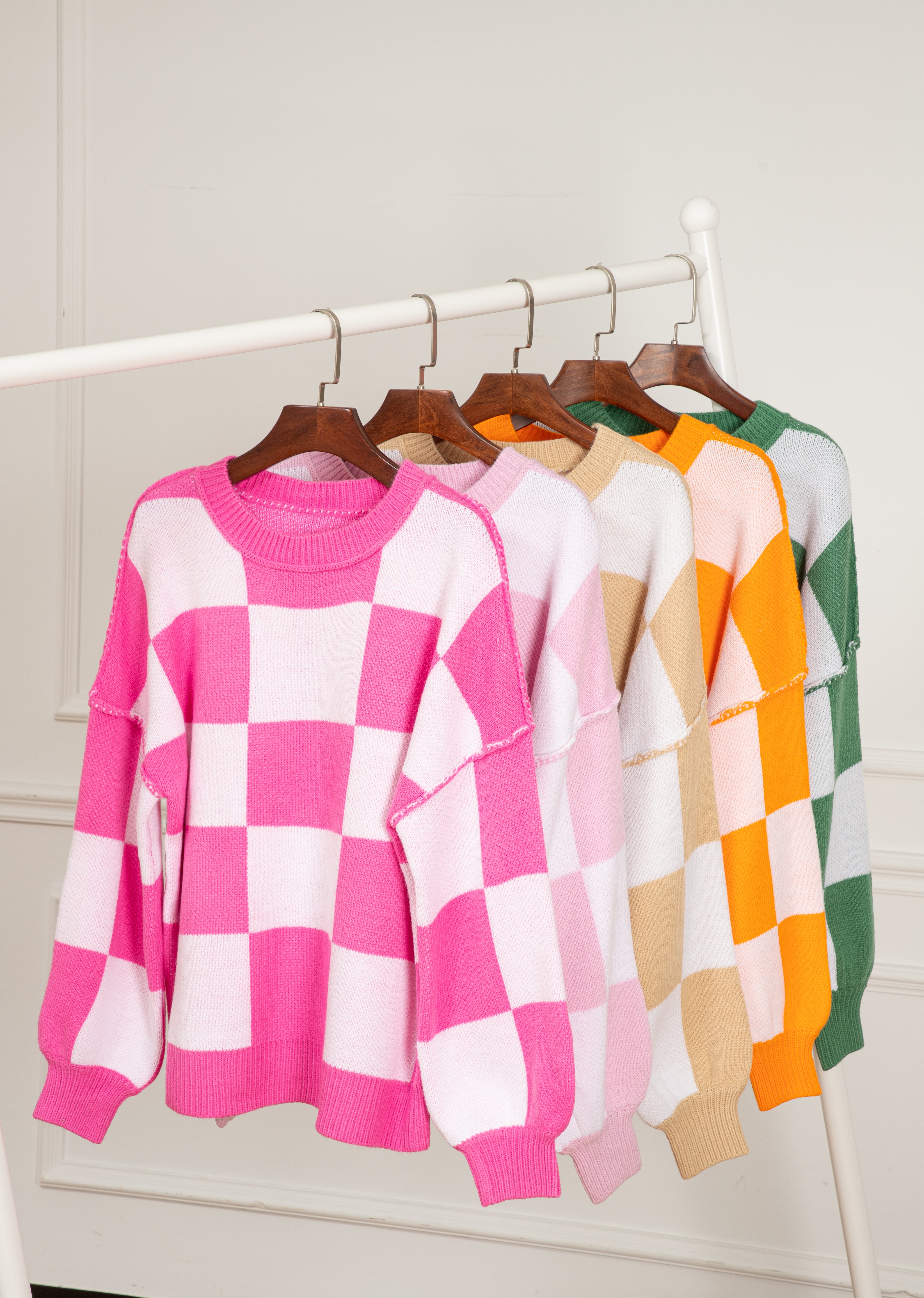 Checkered Bishop Sleeve Sweater | Sweaters Daverri Fashions