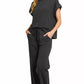 Zenana Cotton Slub black relaxed-fit loungewear set with drawstring waistband and rolled sleeves