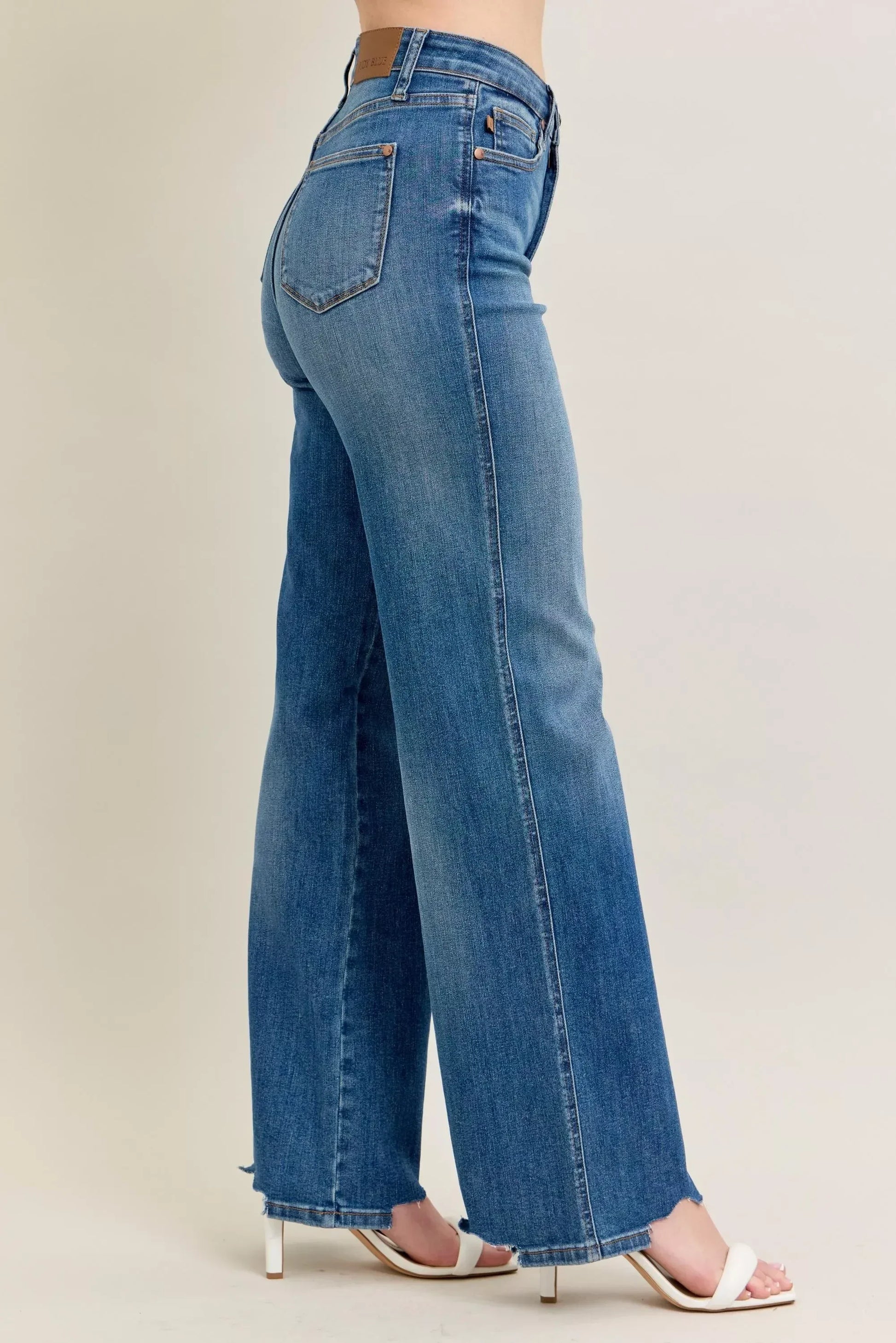Judy Blue Full Size High Waist Tummy Control Chew Hem Destroy Wide Jeans Plus Size - DAVERRI FASHIONS