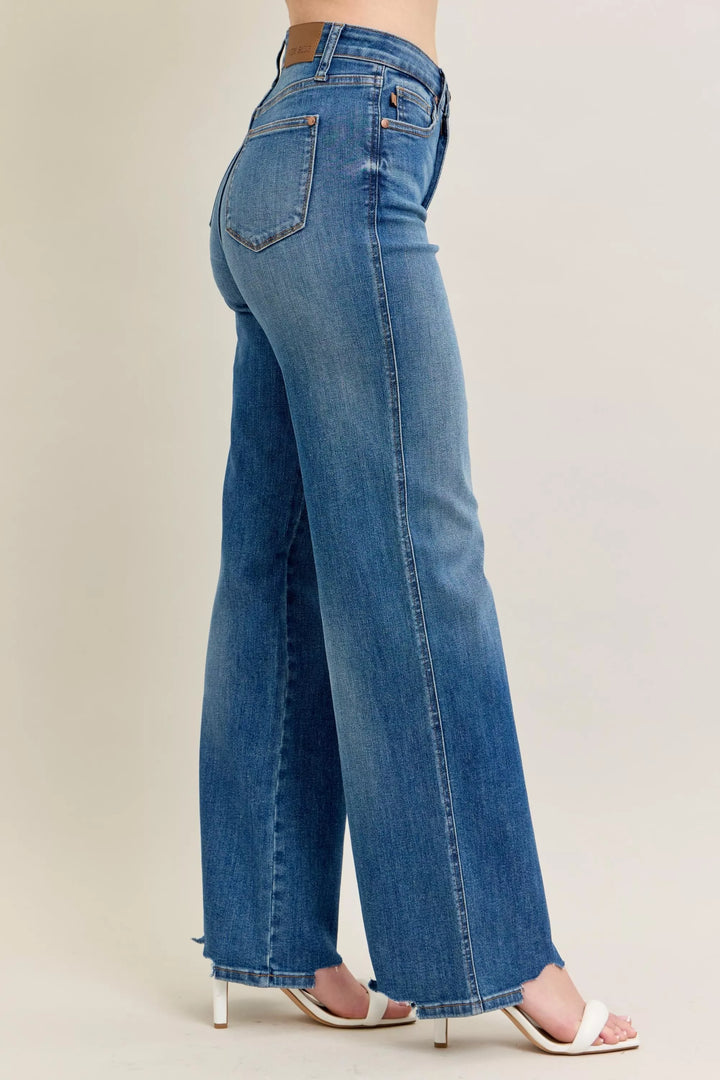 Judy Blue Full Size High Waist Tummy Control Chew Hem Destroy Wide Jeans Plus Size | Jeans Daverri Fashions