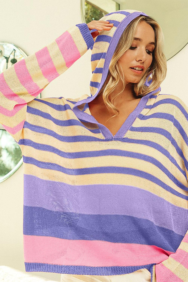 BiBi Striped Color Block Hooded Knit Top Stripe Tops