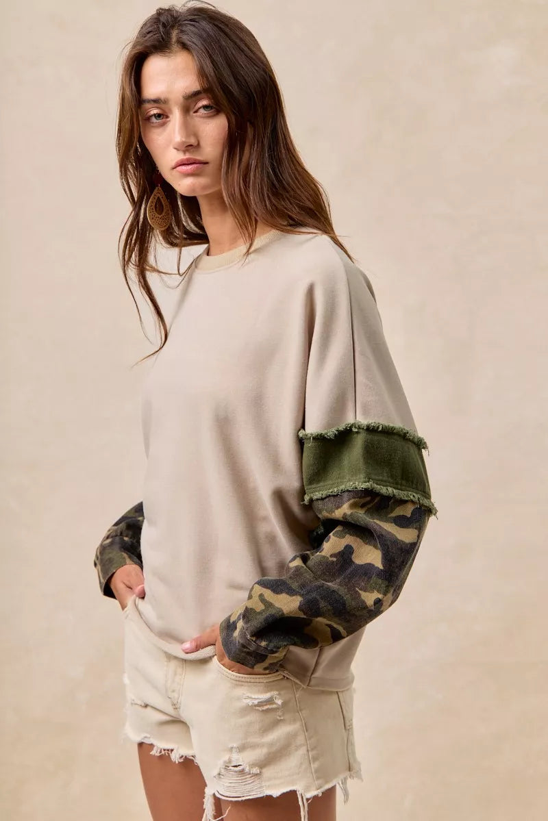 BiBi Camo Sleeve French Terry Top with Frayed Edge | Daverri Fashions