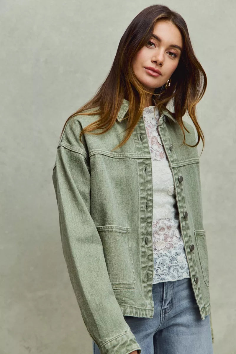 Vintage washed sage green denim shacket with button front and chest pockets