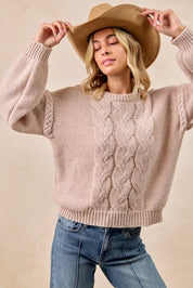 BiBi Cable Knit Sweater in beige with wide ribbed cuffs and shoulder braid