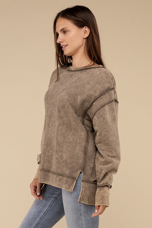 Acid Wash French Terry Exposed-Seam Sweatshirt Tops