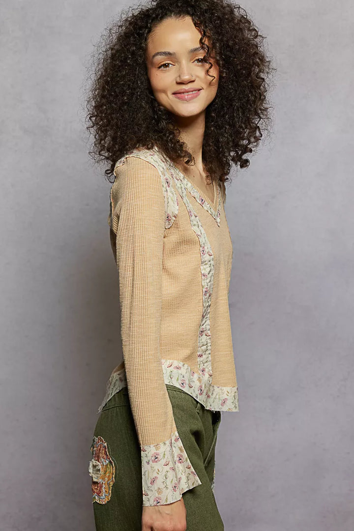 POL Floral Patch V-Neck Long Sleeve Ribbed Top | Daverri Fashions