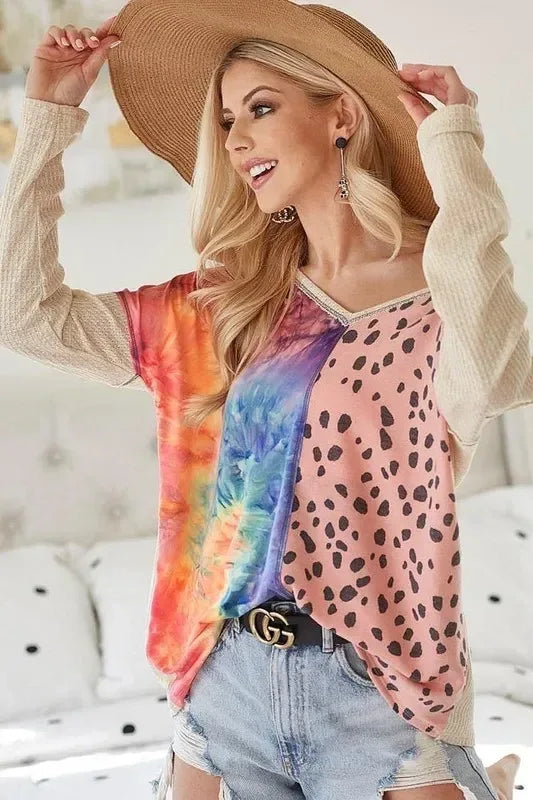 BiBi Print Block V Neck Top with Contrast Stitching - DAVERRI FASHIONS