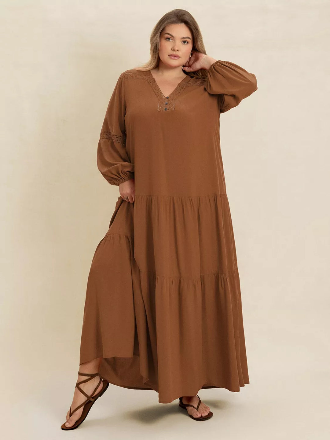 Plus Size Bohemian Tiered Maxi Dress with Balloon Sleeves | Maxi Dresses Daverri Fashions