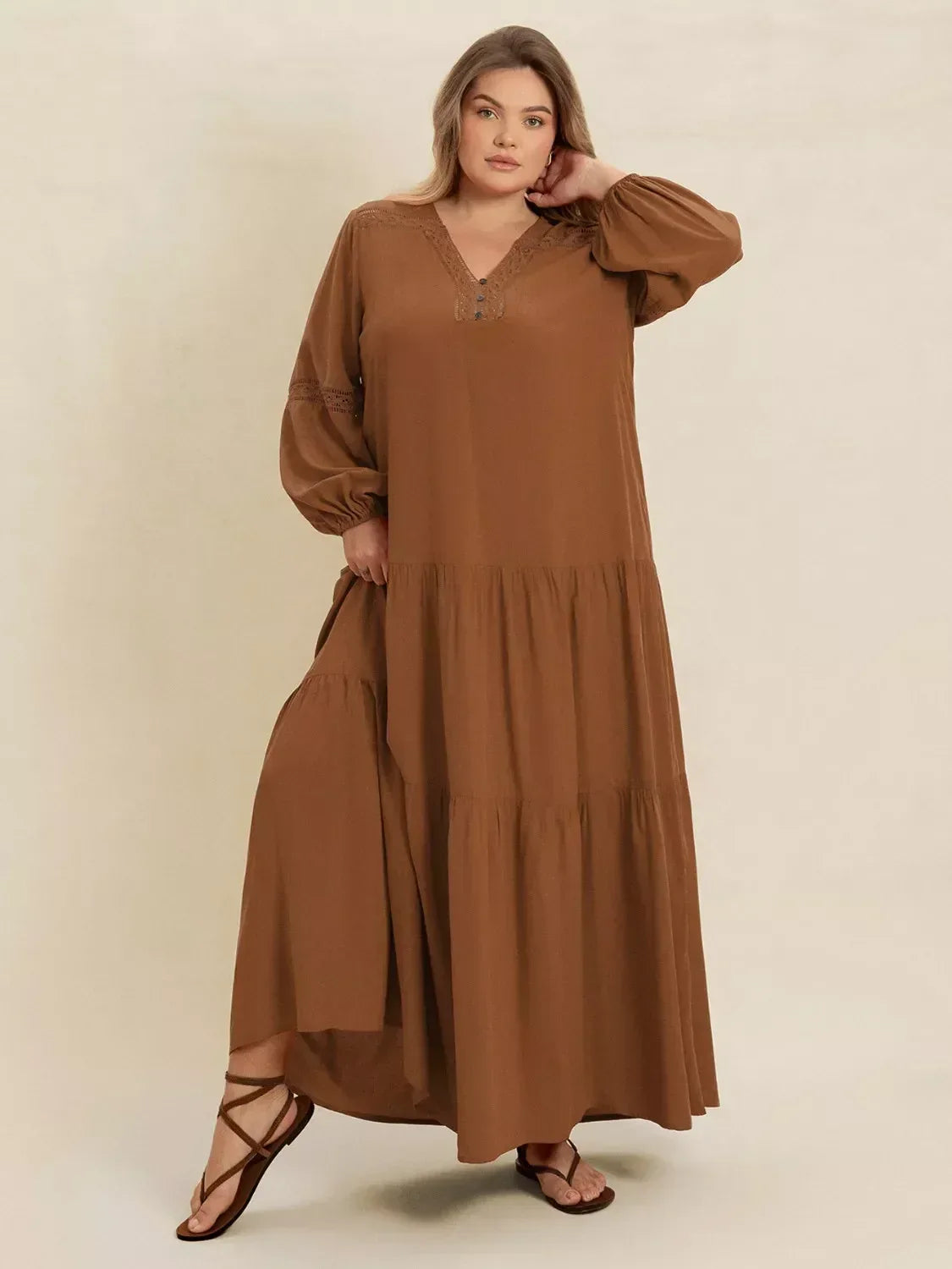 Plus Size Bohemian Tiered Maxi Dress with Balloon Sleeves - DAVERRI FASHIONS