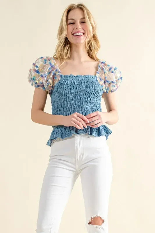 And The Why Embellishment Sleeve Smocked Top - DAVERRI FASHIONS