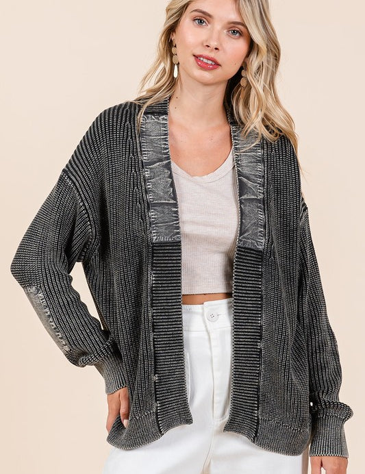 Mittoshop Contrast Patch Open Front Mineral Wash Cardigan Black