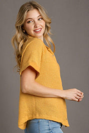 Umgee Full Size Waffle-Knit Short Sleeve Button Down Shirt Plus Size | Daverri Fashions