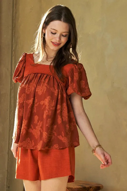 Davi & Dani Nature Printed Square Neck Puff Sleeve Blouse