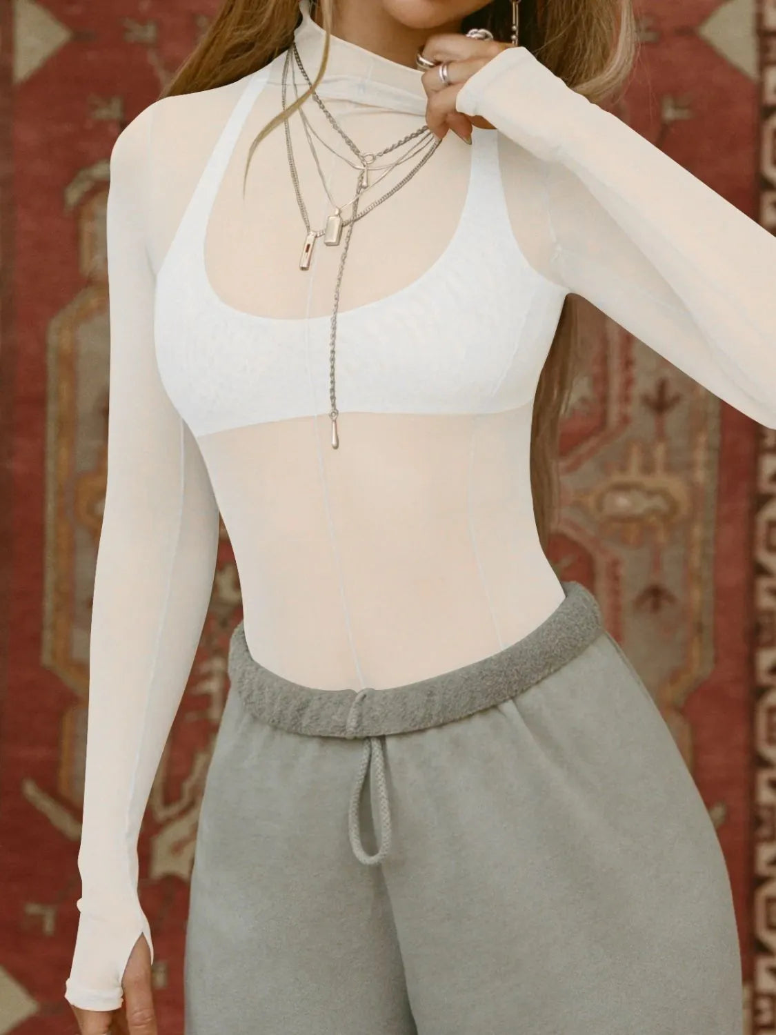 Mock Neck Long Sleeve Sheer Top | Tops Daverri Fashions